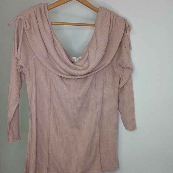 UEC Maurice's Cowl Neck Cinch Shoulder Sweater Blush Pink Ribbed Coquette sz 1X - Picture 8 of 13